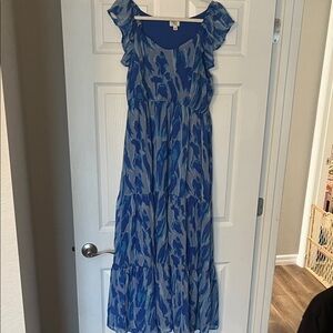 Blue and White Ruffle Maxi Dress